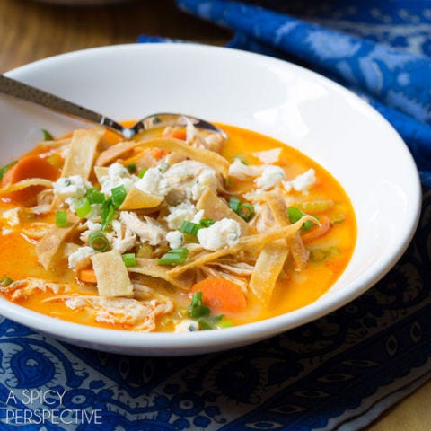 <p> </p> <p><strong>Get the recipe from <a href="http://www.aspicyperspective.com/slow-cooker-buffalo-chicken-soup.html" target="_blank">A Spicy Perspective</a>.</strong></p>