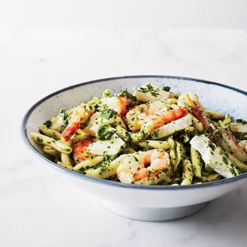No-Cook Green Harissa Pasta with Shrimp and Feta