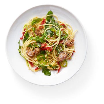 Spaghetti with Sausage, Arugula, and Jalapeño