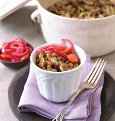<p>This casserole showcases light ingredients, cooks quickly, and is easy to prepare. Simply swap vegetable broth for the chicken broth called for to make this dish truly vegetarian.</p>
<p><strong>Recipe: <a href="http://gogonow.org/recipefinder/Lentils-pickled-carrots-onions-3696%22 target="_blank">Baked Lentils with Pickled Carrots and Onions</a></strong></p>