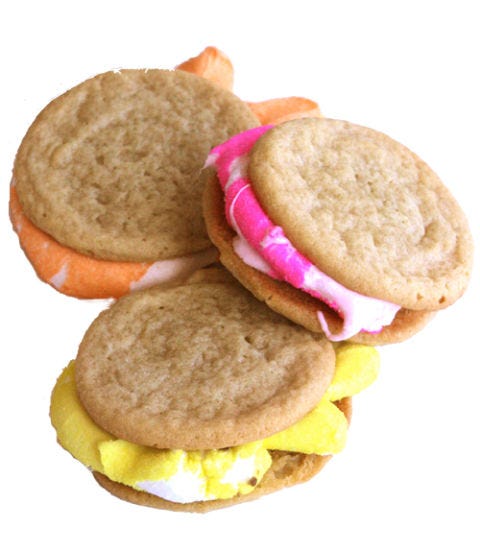 <p><em>To make:</em> Bake your favorite sugar cookie recipe (<a href="http://www.goodhousekeeping.com/recipefinder/classic-sugar-cookies-recipe" target="_blank">we have a great one</a>) or make store-bought sugar cookie dough as the label directs. Microwave marshmallow bunnies, one at a time, 15 to 20 seconds or until puffed and melted. Sandwich each bunny between 2 cookies, flat-side in, using an offset spatula.</p>