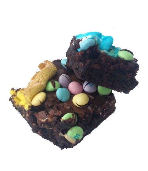 <p><em>To make:</em> Prepare and bake brownie mix as the label directs; 3 minutes before the brownies are done cooking, sprinkle with pastel M&Ms and scatter marshmallow bunnies and chicks on top. Return to the oven and continue baking. Let cool completely before slicing.</p>