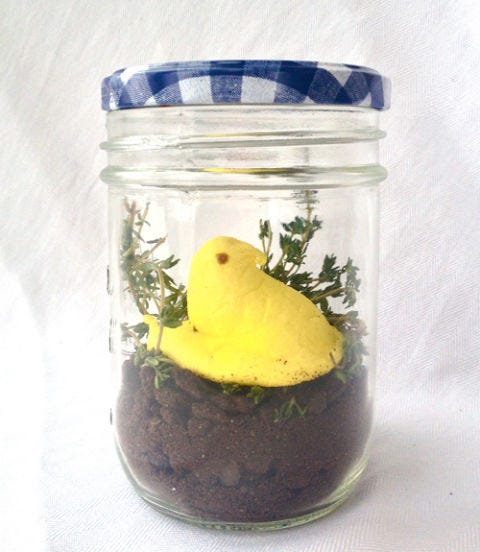 <p><em>To make:</em> Fill mason jars with crushed chocolate wafer cookies. Top with marshmallow chicks, fresh herbs, candy rocks, etc. Instant Easter décor!</p>