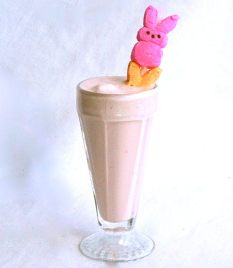 <p><em>To make:</em> Blend 1/2 cup milk and 5 marshmallow chicks or bunnies in blender until combined (there will be small marshmallow bits through out, similar to Bubble Tea). Add 2 cups vanilla ice cream and blend until smooth. Divide among 4 small glasses; top with marshmallow chicks or bunnies, if desired.</p>