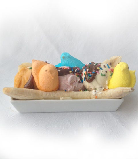 <p><em>To make:</em> Cut 1 banana in half, lengthwise, and arrange in shallow dish. Top with 3 scoops of your favorite ice cream, hot fudge, miniature marshmallows, marshmallow chicks and/or bunnies and sprinkles.</p>