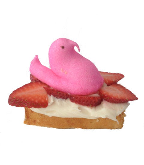 <p><em>To make</em>: Top slices of pound cake or angle food cake with whipped cream, sliced strawberries and marshmallow chicks. Arrange on platter.</p>