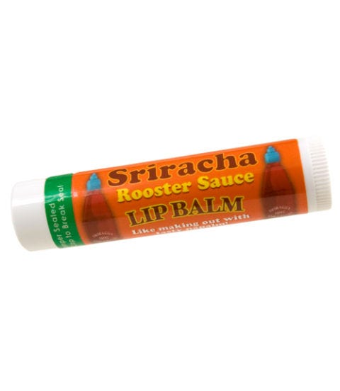 <p>The motto on the tube reads, "Like making out with tasty napalm!" 'Nuff said.</p>
<p><strong>J&D's Sriracha Rooster Sauce Lip Balm, <em><a href="http://store.baconsalt.com/JDs-Sriracha-Lip-Balm_p_165.html" target="_blank">baconsalt.com</a></em></strong></p>