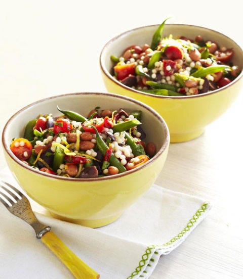 <p>Large pearl couscous, also called Israeli couscous, adds dimension to this simple, healthy Mediterranean salad of fresh and sun-dried tomatoes, green beans, and olives.</p>
<p><strong>Recipe: <a href="http://www,delish.com/recipefinder/tomato-couscous-recipe-ghk0511" target="_blank">Tomato Couscous</a></strong></p>