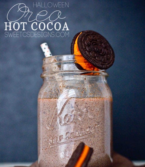 <p>After a long night of trick-or-treating with the kids, kick up your feet and relax with this recipe for Oreo hot cocoa, garnished with Halloween Oreos, of course!</p>
<p><strong>Get the recipe from <a href="http://sweetcsdesigns.com/oreo-hot-cocoa/" target="_blank">Sweet C's Designs</a>.</strong></p>