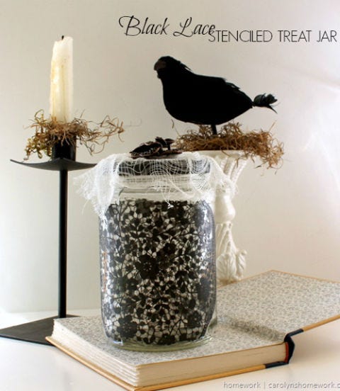 <div class="imageContent">
<p>Use this lacy craft to create a gothic tableau on a shelf or entryway table. </p>
<p><strong>Get the tutorial at <a href="http://www.carolynshomework.com/2013/10/celebrations-black-lace-stenciled-treat.html" target="_blank">Carolyn's Homework</a>.</strong></p>
</div>