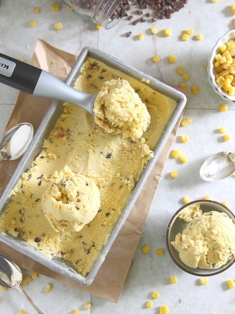 <p>This ice cream has everything: sweetness from the corn, savory depth from the bacon, and a subtle bitter bite from the cacao. You'll definitely feel satisfied by this dessert.</p>
<p><strong>Get the recipe from <a href="http://www.runningtothekitchen.com/2014/04/sweet-corn-bacon-ice-cream-cacao-nibs/" target="_blank">Running to the Kitchen</a>.</strong></p>