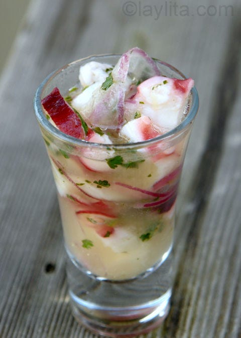<p>Served in a little shot glass, this is a party-worthy app that will woo even your fanciest of guests. If you're nervous about cooking octopus or can't find fresh, raw options near you, sub in a pre-cooked version. We won't tell.</p>
<p><strong>Get the recipe from <a href="http://laylita.com/recipes/2008/06/01/octopus-ceviche/" target="_blank">Laylita's Recipes</a>.</strong></p>