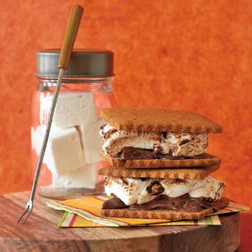 Simply prepared from a kit by Laura's Candy, the s'more pictured here looks like the real thing— slow roasted over an open fire.