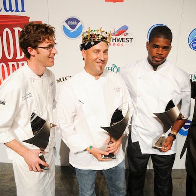 2008 King of American Seafood John Currence (center) stands with finalists Brian Landry (left) and Tafari Campbell (right).
