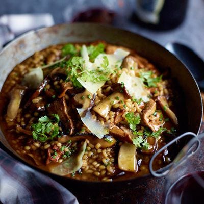 Barley Risotto with Garlicky Mushrooms <p>Chef Naomi Pomeroy uses barley to make her hearty version of risotto, packed with sautéed oyster mushrooms. The dish is substantial enough to be a main course for a lunch; to make it vegetarian, substitute good vegetable stock for the beef broth. </p><br />
<p><b>Recipe: <a href="/recipefinder/barley-risotto-garlicky-mushrooms-recipe-fw0312">Barley Risotto with Garlicky Mushrooms</a></b></p>