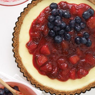 <p>This is an ideal grand finale for a Fourth of July dinner. The fresh plums might be yellow inside, but cooking them will bring out their crimson color.</p><p><b>Recipe:</b> <a href="/recipefinder/red-white-blueberry-cheesecake-tart-recipe-mslo0610" target="_blank"><b>Red, White, and Blueberry Cheesecake Tart</b></a></p>