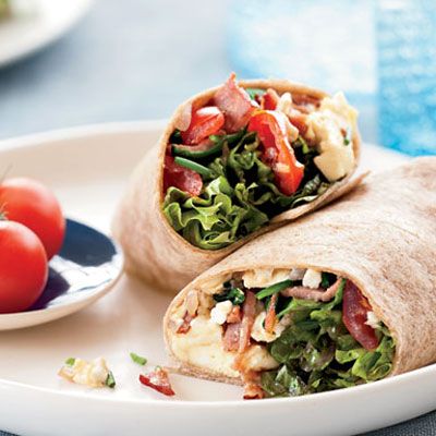 <p>"How many lunchrooms have disgusting Taco Tuesdays?" asks chef Spike Mendelsohn. As an alternative, he stuffs whole wheat–tortilla burritos with scrambled eggs (lightened with egg whites), feta, turkey bacon, and spinach.</p><p><b>Recipe:</b> <a href="http://www.delish.com/recipefinder/breakfast-burrito-recipe-fw0710" target="_blank"><b>Breakfast Burrito</b></a></p>