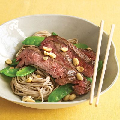 Asian Noodle Bowls with Steak and Snow Peas image