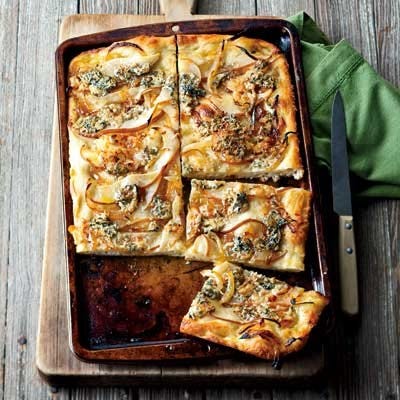 Focaccia with Caramelized Onions, Pear, and Blue Cheese