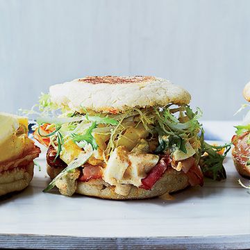 This irresistible breakfast is a hybrid of an egg salad sandwich and an Egg McMuffin. It combines spicy, pickle-laced egg salad on a toasted English muffin with warm smoky ham and crispy frisée.
 Recipe: Ham and Deviled Egg Breakfast Sandwiches