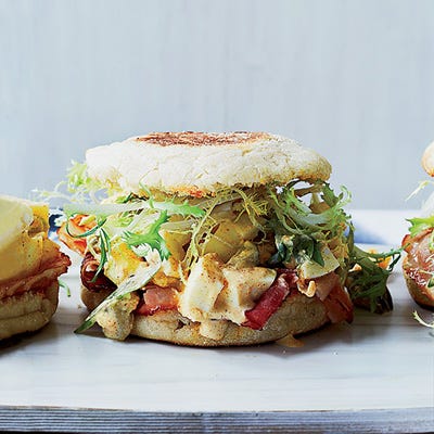 This irresistible breakfast is a hybrid of an egg salad sandwich and an Egg McMuffin. It combines spicy, pickle-laced egg salad on a toasted English muffin with warm smoky ham and crispy frisée.
 Recipe: Ham and Deviled Egg Breakfast Sandwiches