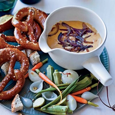 Gouda, Pancetta, and Onion Fondue with Pretzels