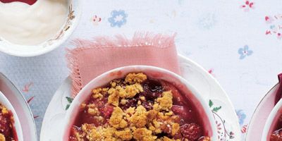 <p>Our individual servings of this classic British fruit dessert include rhubarb, strawberries, and raspberries nestled under an oatless blend of butter, brown sugar, flour, salt, and grated orange zest.</p><br /><p><b>Recipe:</b> <a href="/recipefinder/rhubarb-berry-crumbles-recipe-mslo0610" target="_blank"><b>Rhubarb-Berry Crumbles</b></a></p>