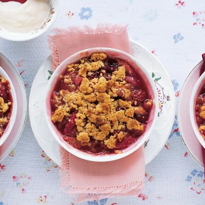 <p>Our individual servings of this classic British fruit dessert include rhubarb, strawberries, and raspberries nestled under an oatless blend of butter, brown sugar, flour, salt, and grated orange zest.</p><br /><p><b>Recipe:</b> <a href="/recipefinder/rhubarb-berry-crumbles-recipe-mslo0610" target="_blank"><b>Rhubarb-Berry Crumbles</b></a></p>
