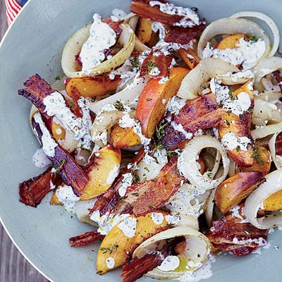 <p>The secret to this salad is using big, juicy sweet onions like the Vidalias that Linton Hopkins favors, which get nicely charred on the grill.</p><p><b>Recipe: </b><a href="http://gogonow.org/recipefinder/grilled-peach-onion-bacon-salad-buttermilk-dressing-recipe-fw0712%22 target="_blank"><b>Grilled Peach, Onion, and Bacon Salad with Buttermilk Dressing</b></a></p>