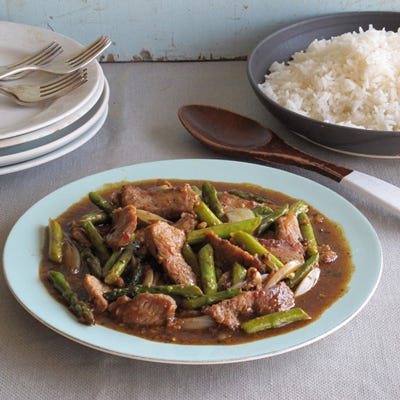 Hunan Beef with Asparagus and Mixed Chiles