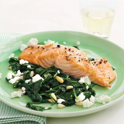 Broiled Salmon with Spinach-and-Feta Sauté