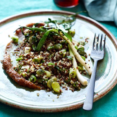 <p>This salad of grilled spring vegetables feels just filling enough, thanks to the protein-rich quinoa and a puree of dates that are grilled first to soften them and intensify their natural sweetness.</p><p><b>Recipe: </b><a href="http://gogonow.org/recipefinderquinoa-salad-grilled-scallions-favas-dates-recipe-fw0611%22 target="_blank"><b>Quinoa Salad with Grilled Scallions, Favas, and Dates</b></a></p>