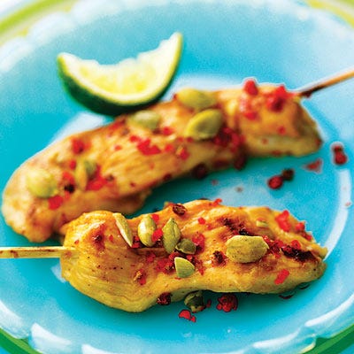 <p>These brochettes can be cooked a day in advance and refrigerated; bring to room temperature, then garnish and serve. The longer the chicken marinates, the better it tastes. Soak bamboo skewers at least 1 hour before grilling.</p>

<p><b>Recipe:</b> <a href="recipefinder/tequila-lime-chicken-brochettes-recipe"><b>Tequila-Lime Chicken Brochettes</b></a></p>