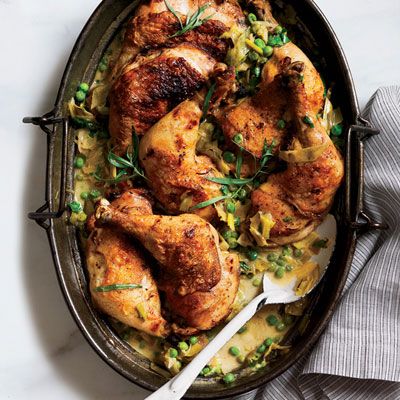 <p>This chicken dish is elegant enough for entertaining and easy enough for a simple weeknight dinner.</p><p><b>Recipe: </b><a href="/recipefinder/vinegar-braised-chicken-leeks-peas-recipe-fw0412" target="_blank"><b>Garlic-and-Herb-Crusted Leg of Lamb</b></a></p>