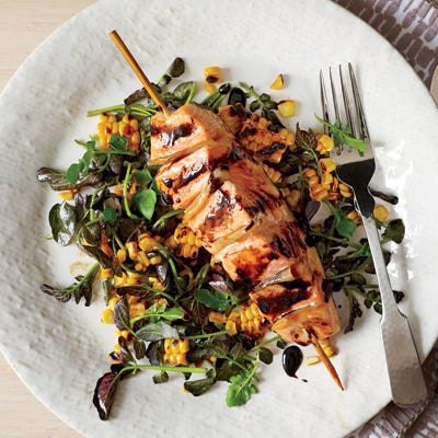 Gingered Salmon with Grilled Corn and Watercress Salad