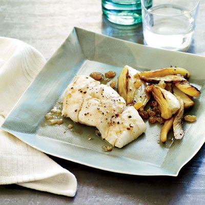 <p>Alexandra Guarnaschelli loves to serve raisin-studded braised fennel with a meaty white fish. Roasting the large fish fillet whole (rather than in portions) is a great way to serve a small crowd.</p><p><b>Recipe:</b> <a href="/recipefinder/roasted-halibut-wine-braised-fennel-recipe-fw0411" target="_blank"><b>Roasted Halibut with Wine-Braised Fennel</b></a></p>