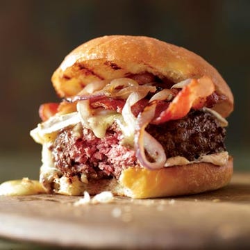 This grand burger is a custom blend of ground prime rib, brisket, skirt steak, and tenderloin, topped with bacon and triple-cream cheese.<br /><br /><b>Recipe: </b><a href="/recipefinder/bacon-burgers-brioche-buns-recipe-fw1010" target="_blank"><b>Bacon Burgers on Brioche Buns</b></a>