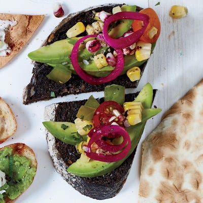 Pumpernickel with Avocado, Charred Corn, and Tomato