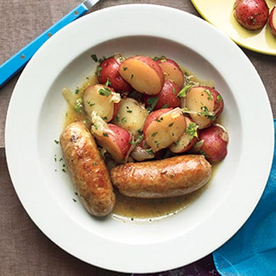Beer-Braised Sausages with Warm Potato Salad