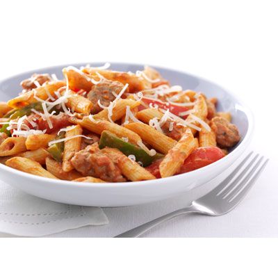 <p>Cream cheese adds a creamy finish to lightly spicy sausage-and-pepper pasta. You'll know it's a special occasion when you get to enjoy a serving of this easy-to-prepare meal!</p>

<p><b>Recipe:</b> <a href="/recipefinder/zesty-penne-sausage-peppers-recipe-kft0311"><b>Zesty Penne, Sausage, and Peppers</b></a></p>