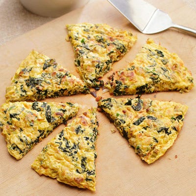 <p>This frittata is packed with hearty greens and leeks with a touch of salty bacon or pancetta and Asiago cheese for flavoring. We tested the recipe both with egg substitute and whole eggs. It works great either way, but has fewer calories and less saturated fat when you use egg substitute.</p><p><b>Recipe: <a href="http://gogonow.org/recipefinder/pancetta-greens-frittata-recipe-ew0512%22%3EPancetta and Greens Frittata</a></b></p>