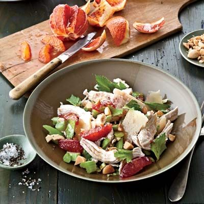 <p>This riff on Chinese chicken salad calls for blood oranges in place of mandarin oranges. Added texture and crunch comes in the form of celery, shaved Grana Padano cheese, and chopped Marcona almonds.</p><p><b>Recipe: </b><a href="/recipefinder/winter-chicken-salad-citrus-celery-recipe-fw0111" target="_blank"><b>Winter Chicken Salad with Citrus and Celery</b></a></p>