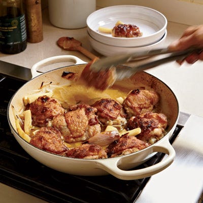 <p>In this easy one-pot braise, you get the best possible combination: crisp-skinned chicken and a luscious wine sauce.</p>
<p><br/><strong>Recipe:</strong> <a href="/recipefinder/chardonnay-braised-chicken-thighs-parsnips-recipe-fw1012" target="_blank"><strong>Chardonnay-Braised Chicken Thighs with Parsnips</strong></a></p>