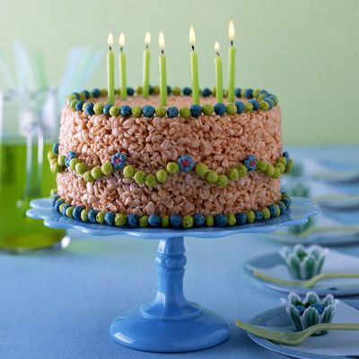 <p>This kid-pleasing marshmallow-and-crisp-rice-cereal confection has a sweet secret: chocolate-marshmallow icing inside. Cereal bits give it a festive trim.</p><br /><p><b>Recipe:</b> <a href="/recipefinder/no-bake-birthday-cake-recipe-mslo0710" target="_blank"><b>No-Bake Birthday Cake</b></a></p>
