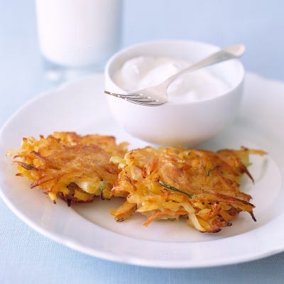 <p>Fried in oil in recognition of the ancient lamps that held only enough oil for one day but miraculously burned for eight, latkes, or potato pancakes, are a traditional Hanukkah dish.</p>
<p><br/><strong>Recipe:</strong> <a href="../../../recipefinder/vegetable-latkes-recipe-mslo1212" target="_blank"><strong>Vegetable Latkes</strong></a></p>
