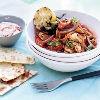 <b>This week:</b> This summer tagine, or stew, is easy to put together with the leftover <a href="/recipefinder/harissa-chicken-green-chile-tomato-salad-recipe-fw0610" target="_blank"><b>Harissa Chicken</b></a> and salad. Garnish with cilantro and serve with goat's milk yogurt and pitas for a packable lunch or quick dinner.<br /><br /><b>Recipe:</b> <a href="/recipefinder/grilled-chicken-tagine-recipe-fw0610" target="_blank"><b>Grilled-Chicken Tagine</b></a>
