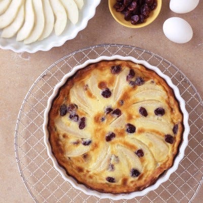 <p>A clafouti is a classic French dessert with a texture somewhere between that of a baked pudding and a pancake. In this clafouti, creamy, custard-like batter is baked over a layer of fanned pear slices; dried cherries stand in for the traditional fresh ones. The mixture puffs up as it bakes and deflates as it cools. Serve leftovers for breakfast the next morning, hot or cold.</p>
<p><strong>Recipe:</strong> <a href="http://gogonow.org/recipefinder/pear-dried-cherry-clafouti-recipe-mslo0212%22 target="_blank"><strong>Pear and Dried Cherry Clafouti</strong></a></p>