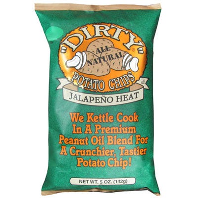 <p>They're called "dirty" as the skin is left on, giving them an added earthy flavor along with the jalapeño spice. <a href="http://www.amazon.com/Dirty-Chips-Jalapeno-Heat-Pack/dp/B0001W2XU2/ref=sr_1_1?s=grocery&ie=UTF8&qid=1340067051&sr=1-1&keywords=Jalape%C3%B1o+Heat%2C+Dirty+Potato+Chips%2C" target="_blank"><em>Amazon.com</em></a></p>