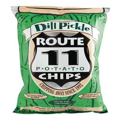 <p>It's hard to imagine the flavor of a juicy, crisp dill pickle in a potato chip until you take a bite of this bright and fresh-tasting snack. <a href="http://www.rt11.com/product/37/dill-pickle" target="_blank"><em>Rt11.com</em></a></p>