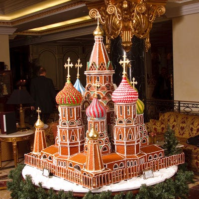 <p>This gingerbread masterpiece showcases Moscow's St. Basil's Cathedral. It was created by pastry chef Troman Felizmenio in 2009. After nearly three months of work, Felizmenio completed the six-and-a-half-foot-high structure, which was featured in the lobby of The Ritz-Carlton in Moscow.</p>